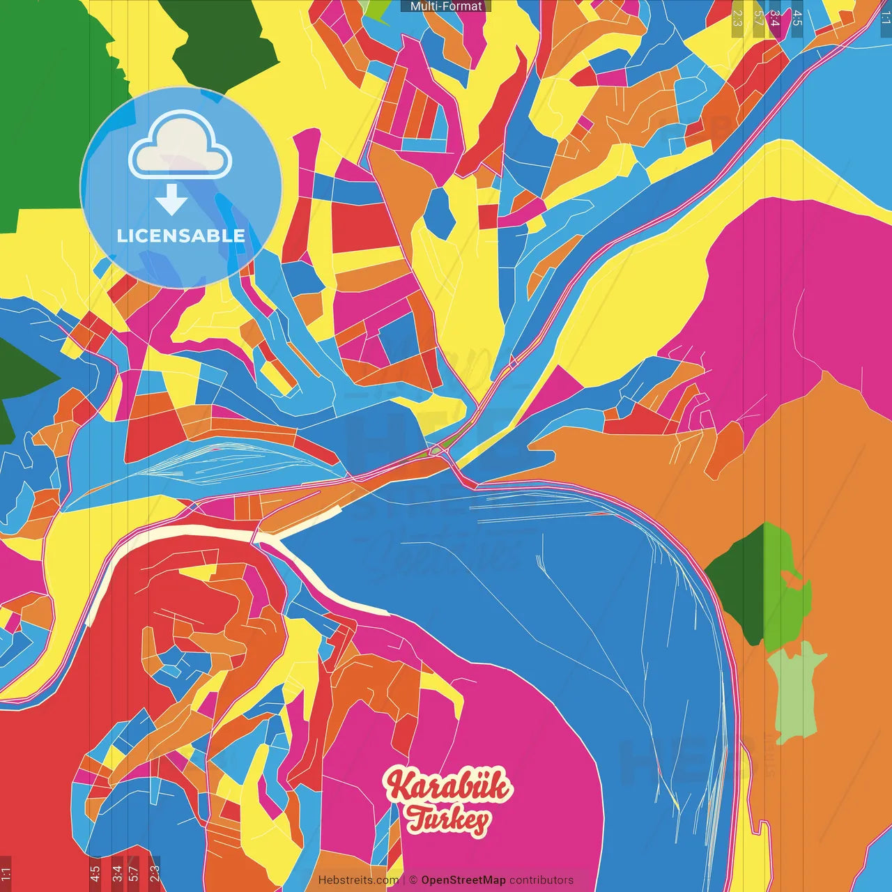 Karabük, Karabük, Turkey Crazy Colorful Street Map Poster Template