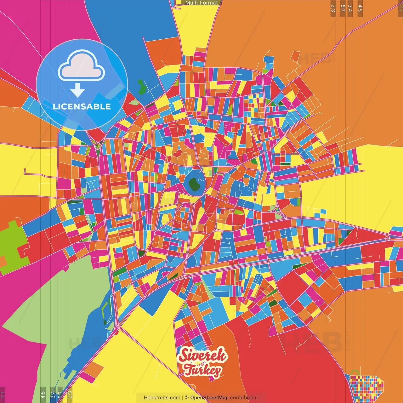 Siverek, Şanlıurfa, Turkey Crazy Colorful Street Map Poster Template