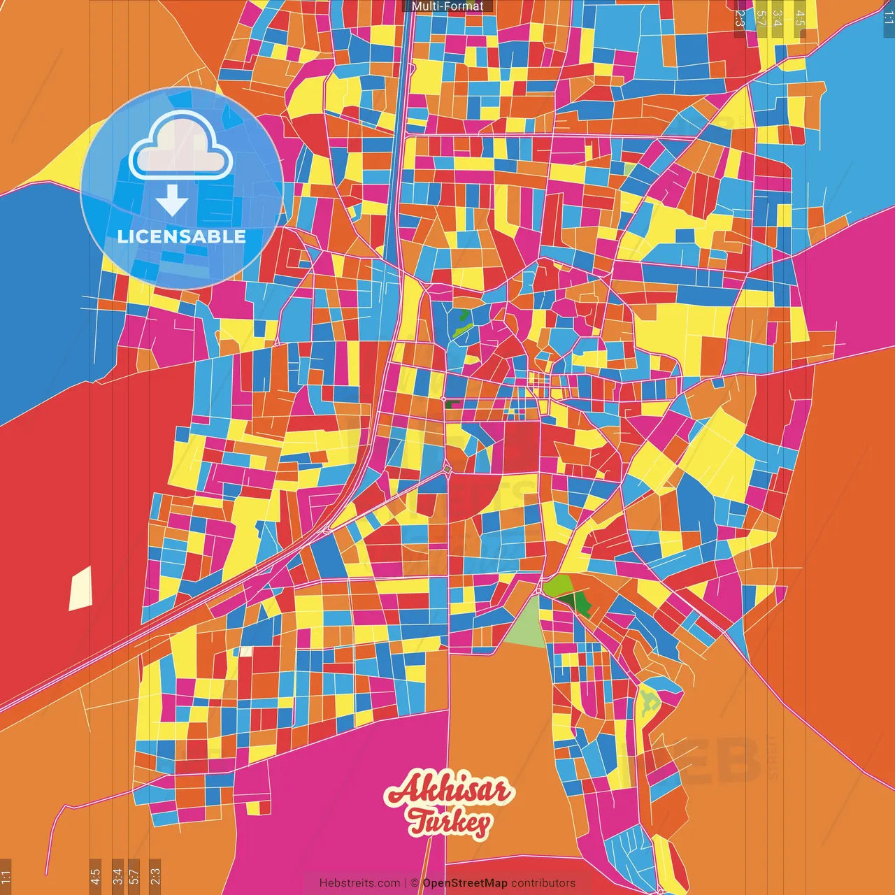 Akhisar, Manisa, Turkey Crazy Colorful Street Map Poster Template