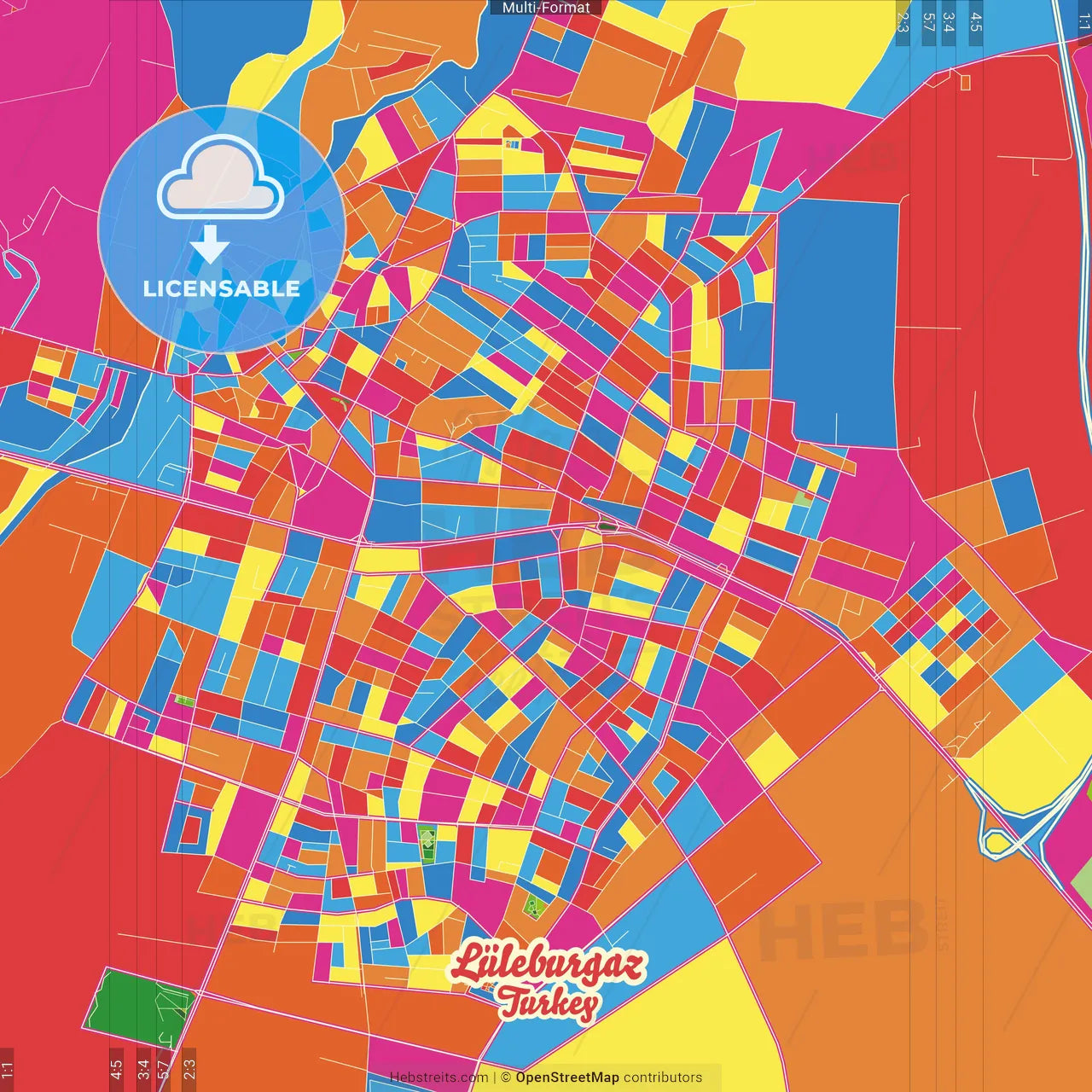 Lüleburgaz, Kırklareli, Turkey Crazy Colorful Street Map Poster Template