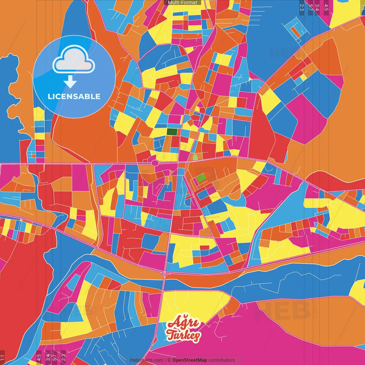 Ağrı, Ağrı, Turkey Crazy Colorful Street Map Poster Template