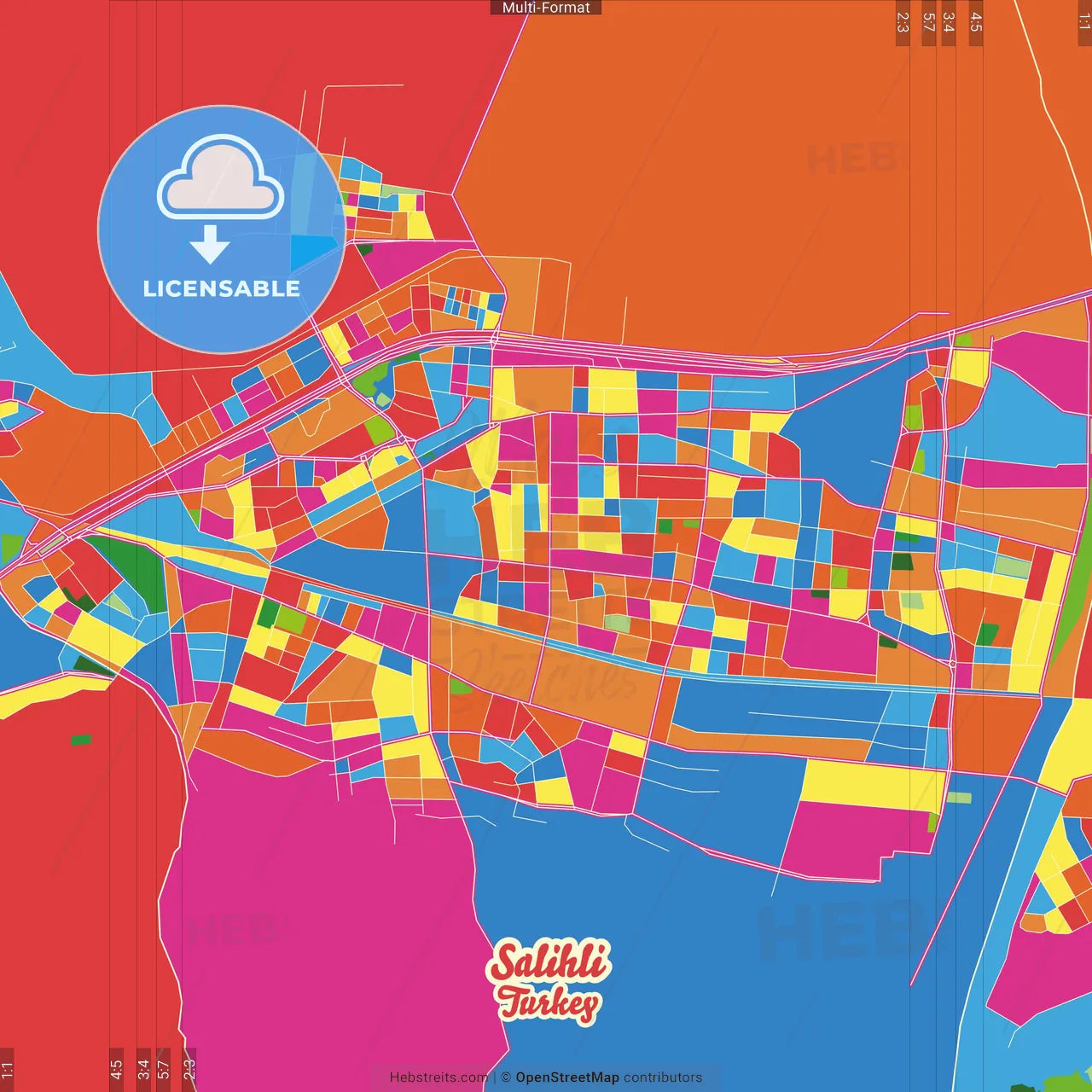 Salihli, Manisa, Turkey Crazy Colorful Street Map Poster Template