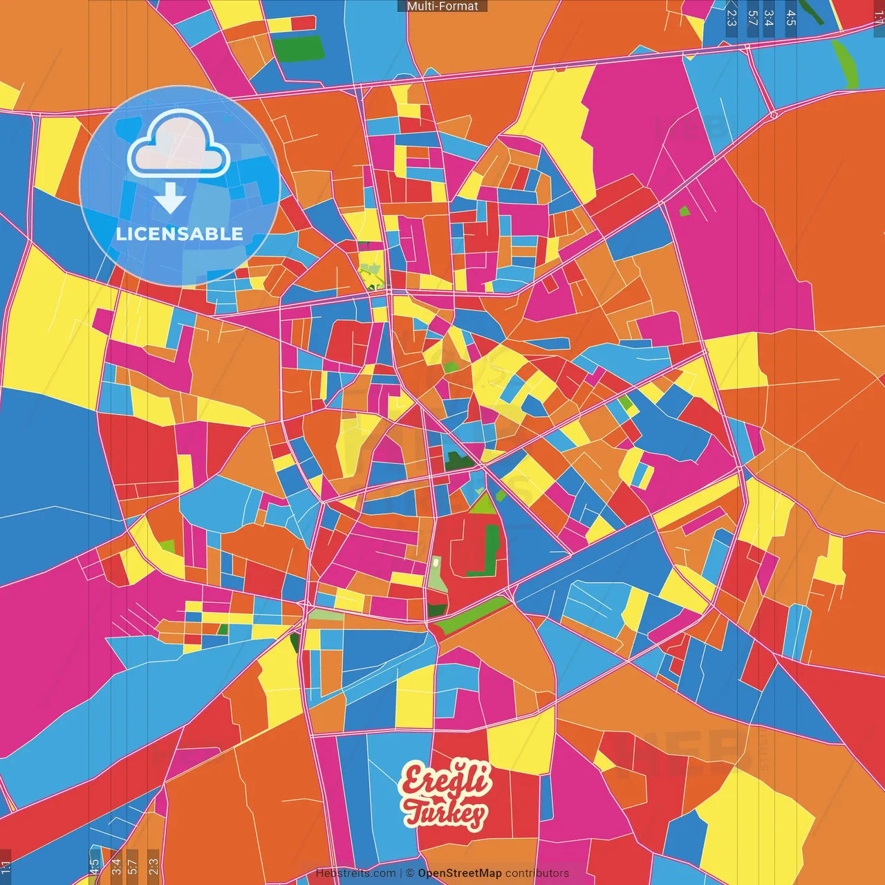 Ereğli, Konya, Turkey Crazy Colorful Street Map Poster Template