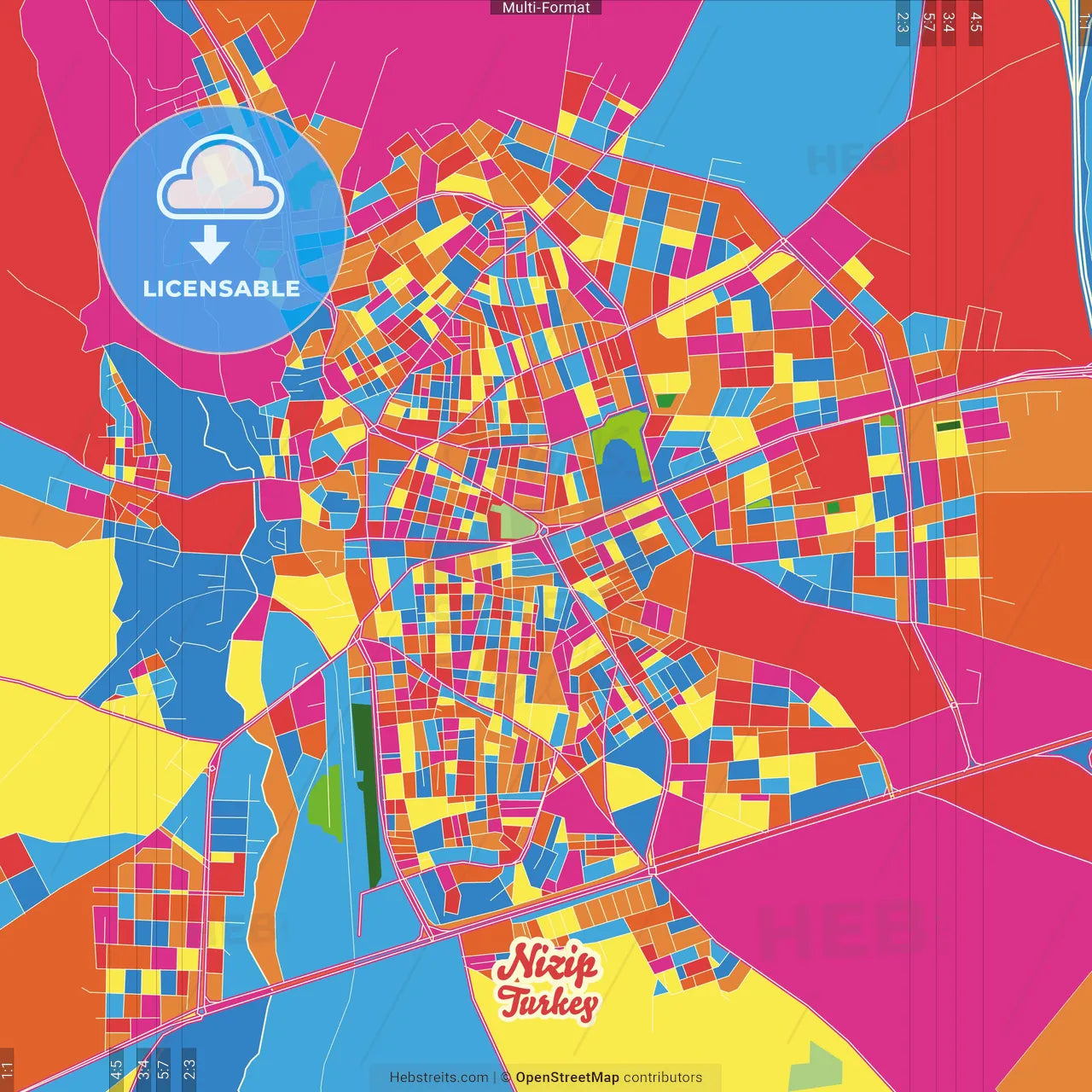 Nizip, Gaziantep, Turkey Crazy Colorful Street Map Poster Template