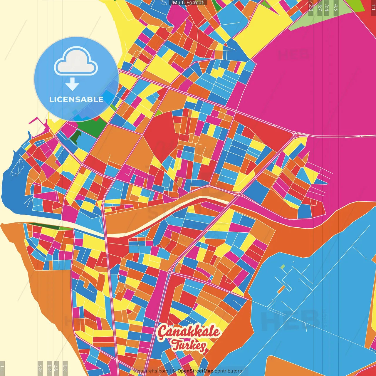 Çanakkale, Çanakkale, Turkey Crazy Colorful Street Map Poster Template