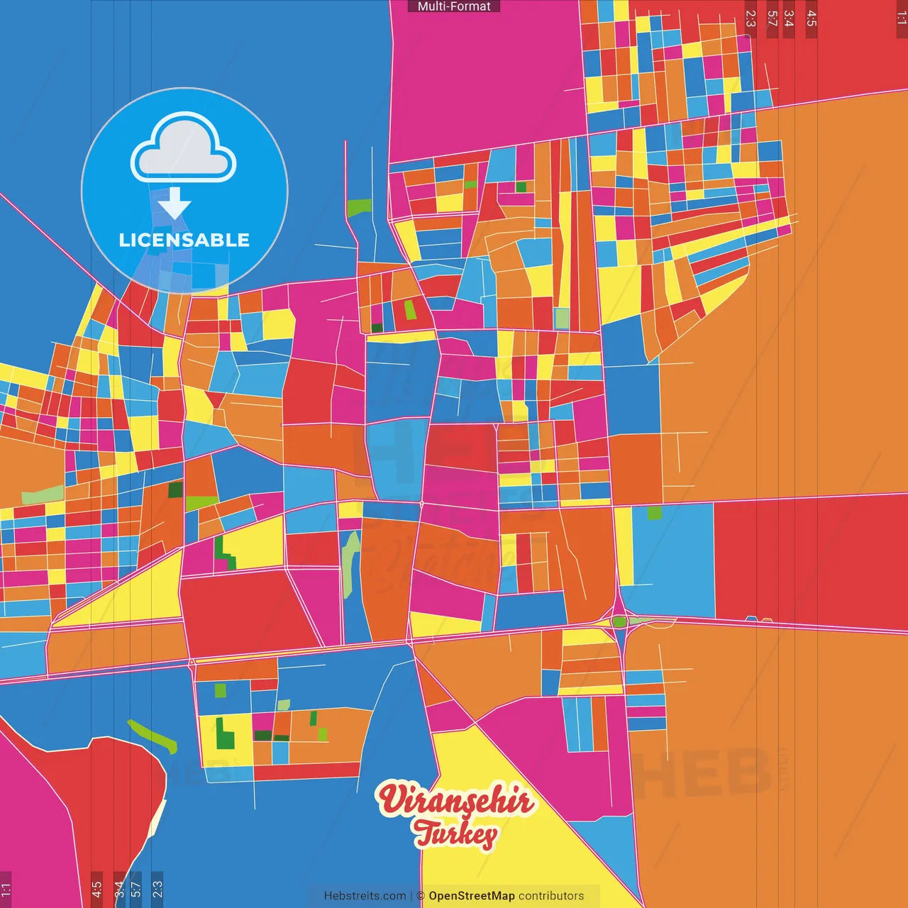 Viranşehir, Şanlıurfa, Turkey Crazy Colorful Street Map Poster Template