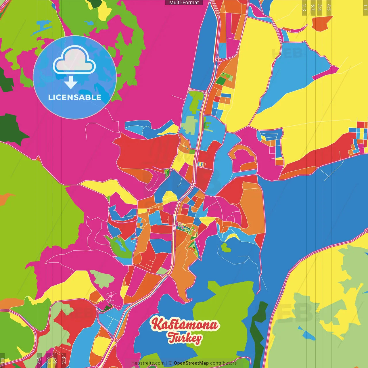 Kastamonu, Kastamonu, Turkey Crazy Colorful Street Map Poster Template