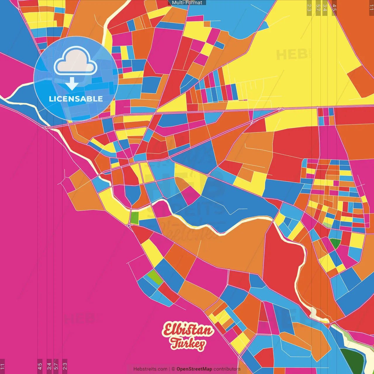 Elbistan, Kahramanmaraş, Turkey Crazy Colorful Street Map Poster Template
