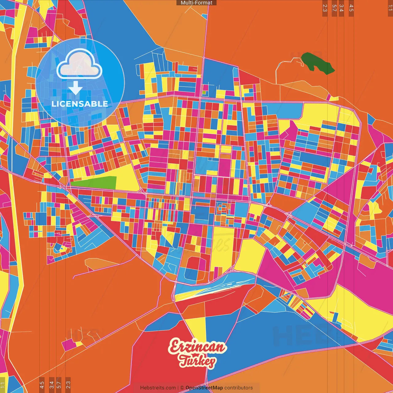 Erzincan, Erzincan, Turkey Crazy Colorful Street Map Poster Template