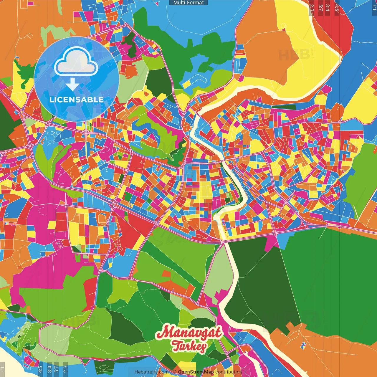 Manavgat, Antalya, Turkey Crazy Colorful Street Map Poster Template