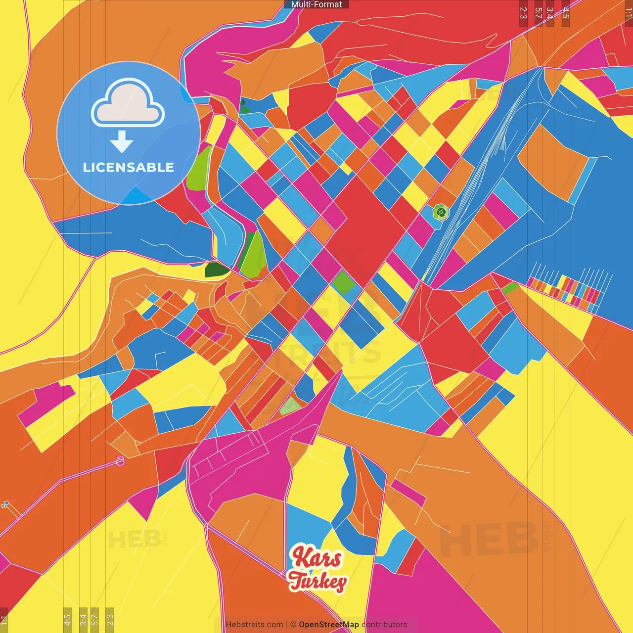 Kars, Kars, Turkey Crazy Colorful Street Map Poster Template