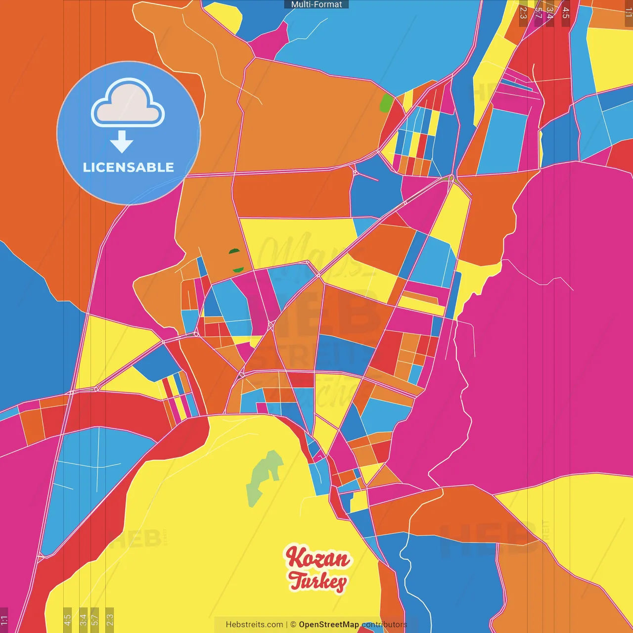 Kozan, Adana, Turkey Crazy Colorful Street Map Poster Template