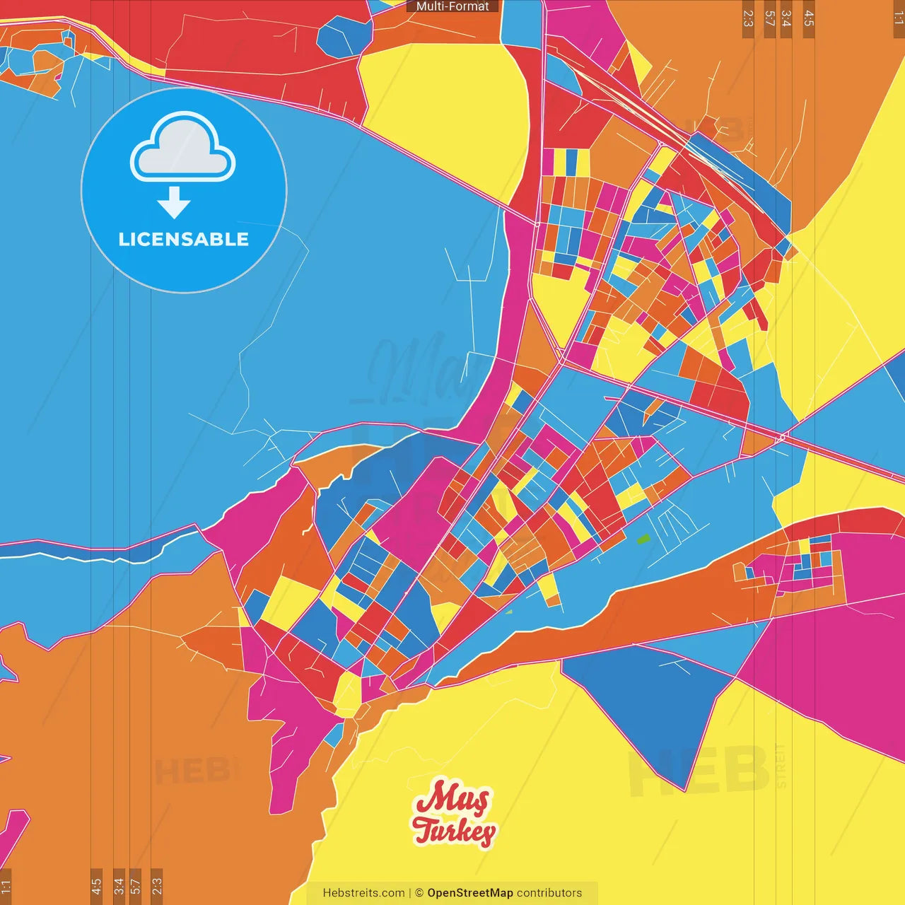 Muş, Muş, Turkey Crazy Colorful Street Map Poster Template