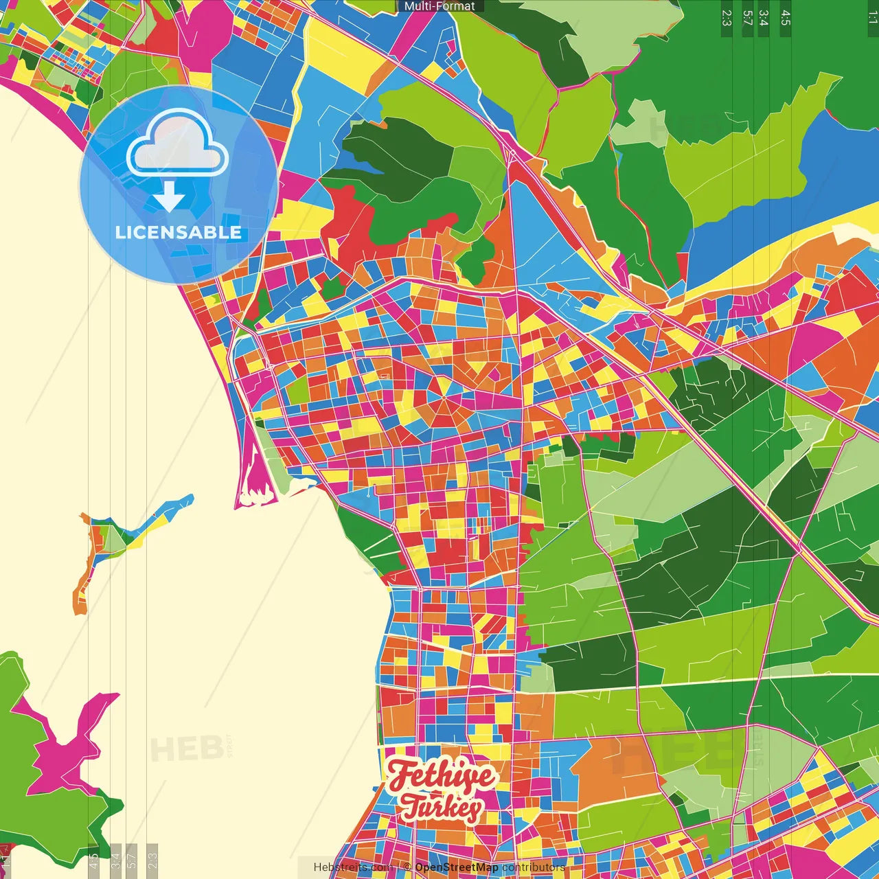 Fethiye, Muğla, Turkey Crazy Colorful Street Map Poster Template