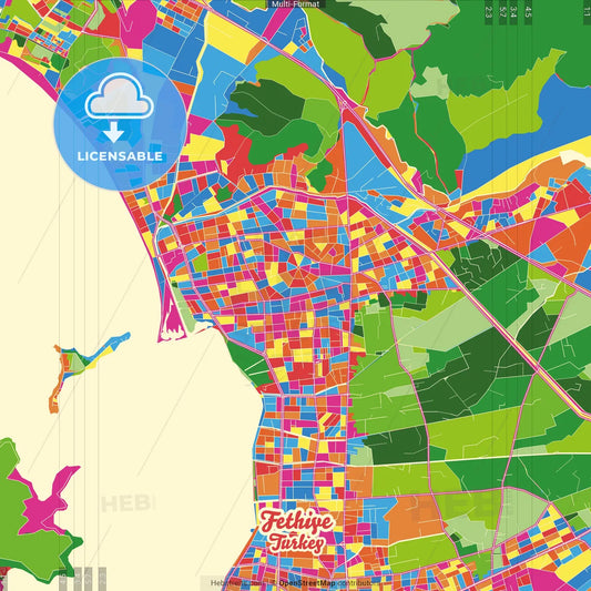Fethiye, Muğla, Turkey Crazy Colorful Street Map Poster Template