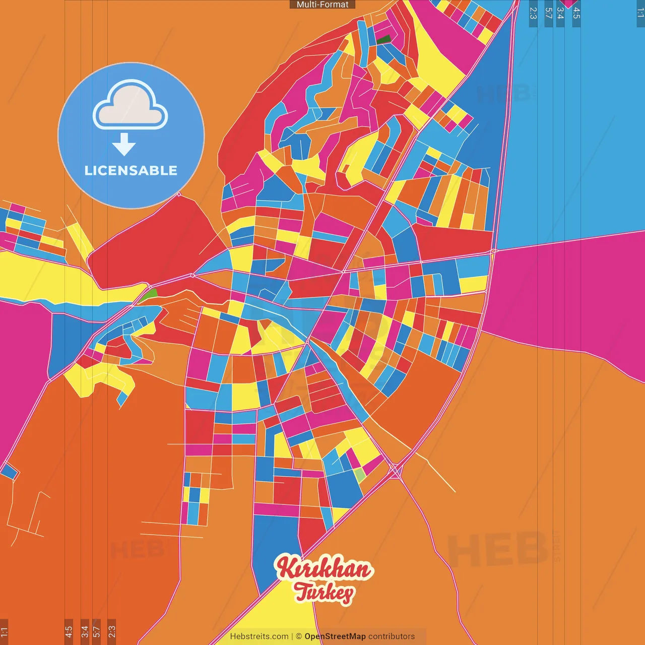 Kırıkhan, Hatay, Turkey Crazy Colorful Street Map Poster Template