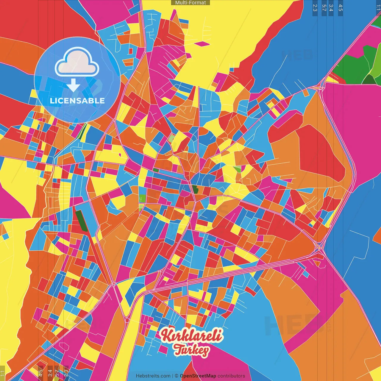 Kırklareli, Kırklareli, Turkey Crazy Colorful Street Map Poster Template