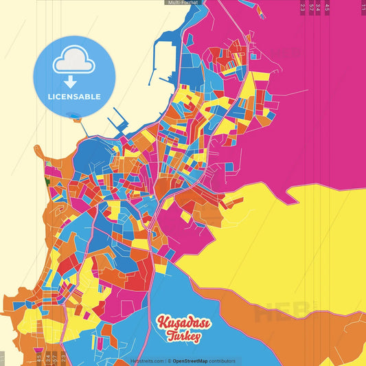 Kuşadası, Aydın, Turkey Crazy Colorful Street Map Poster Template