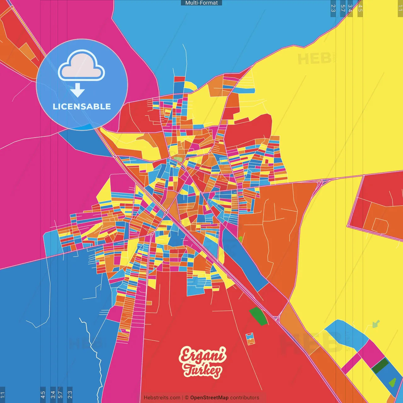 Ergani, Diyarbakır, Turkey Crazy Colorful Street Map Poster Template