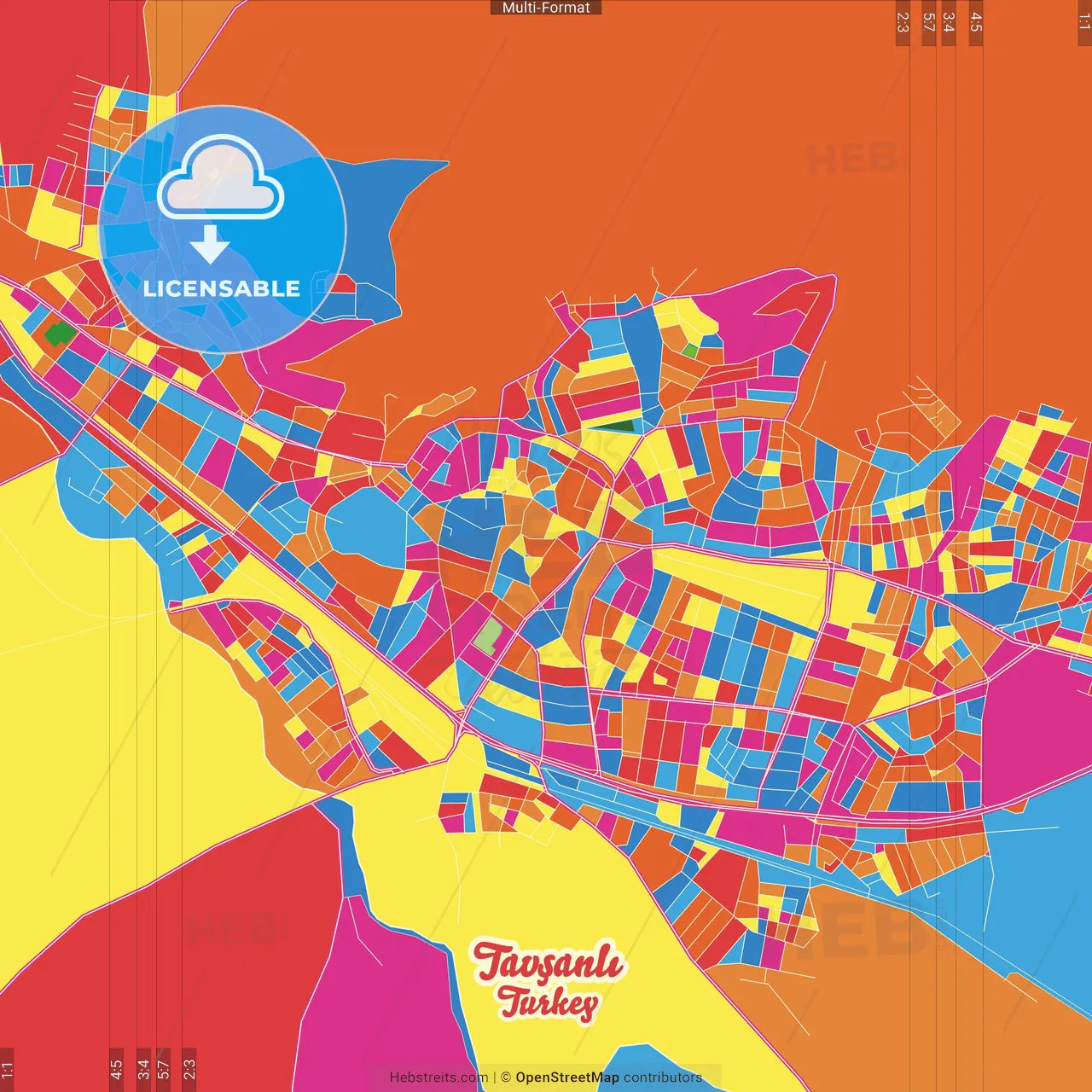Tavşanlı, Kütahya, Turkey Crazy Colorful Street Map Poster Template
