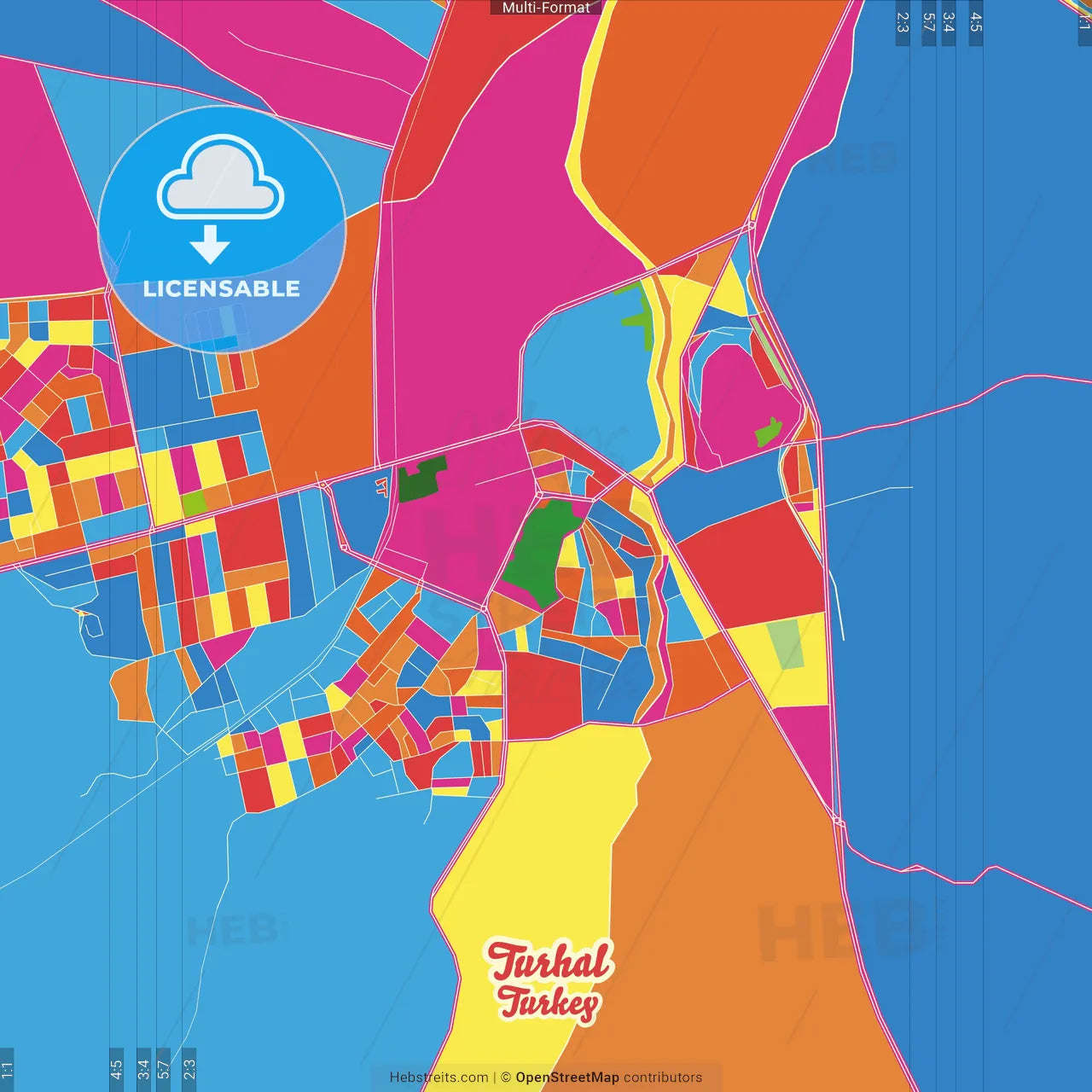 Turhal, Tokat, Turkey Crazy Colorful Street Map Poster Template