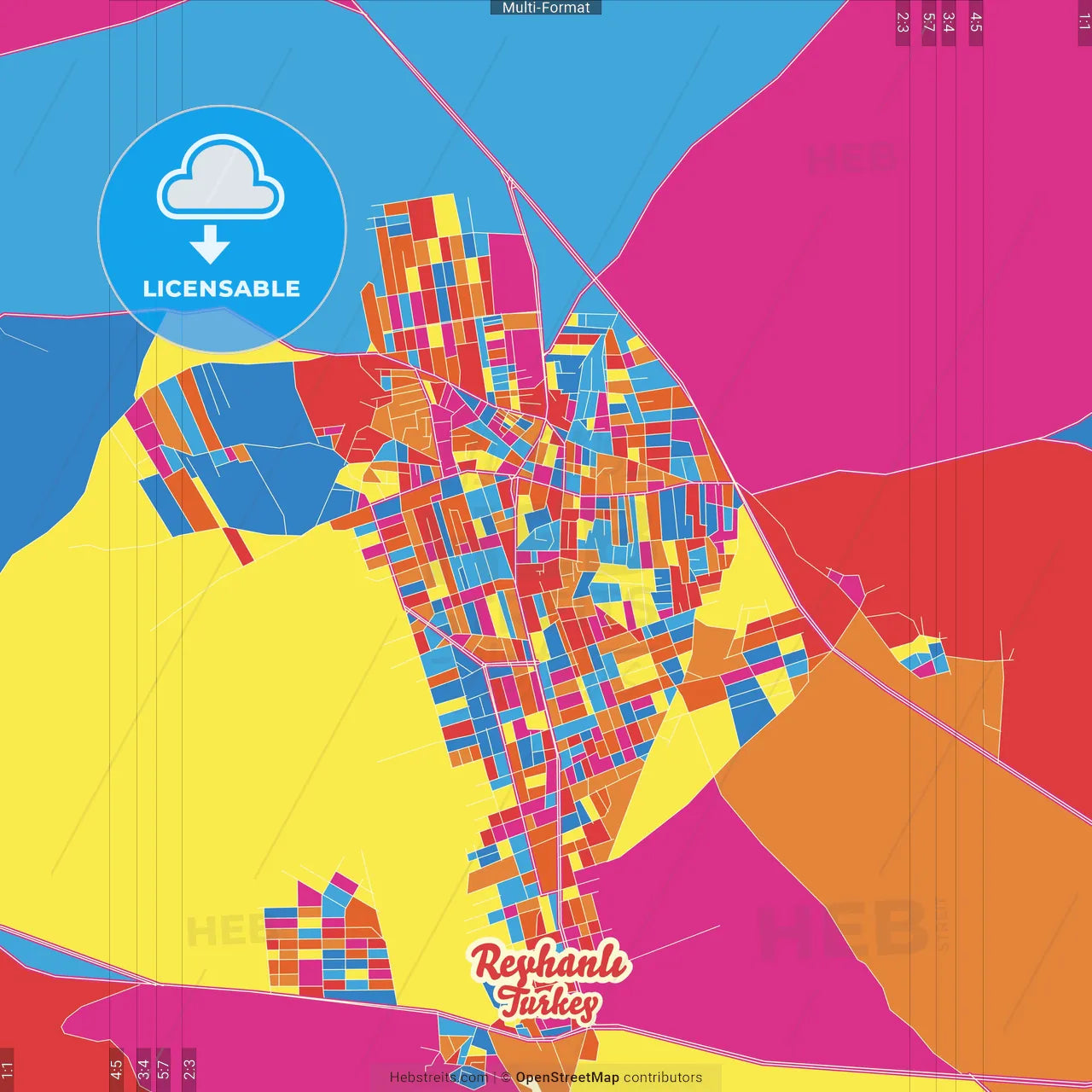 Reyhanlı, Hatay, Turkey Crazy Colorful Street Map Poster Template