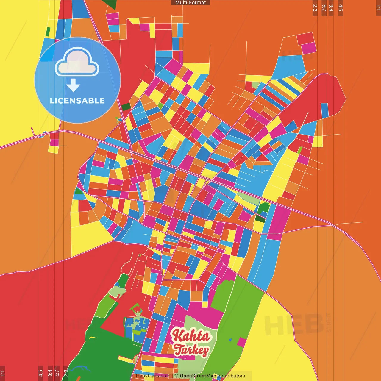 Kahta, Adıyaman, Turkey Crazy Colorful Street Map Poster Template