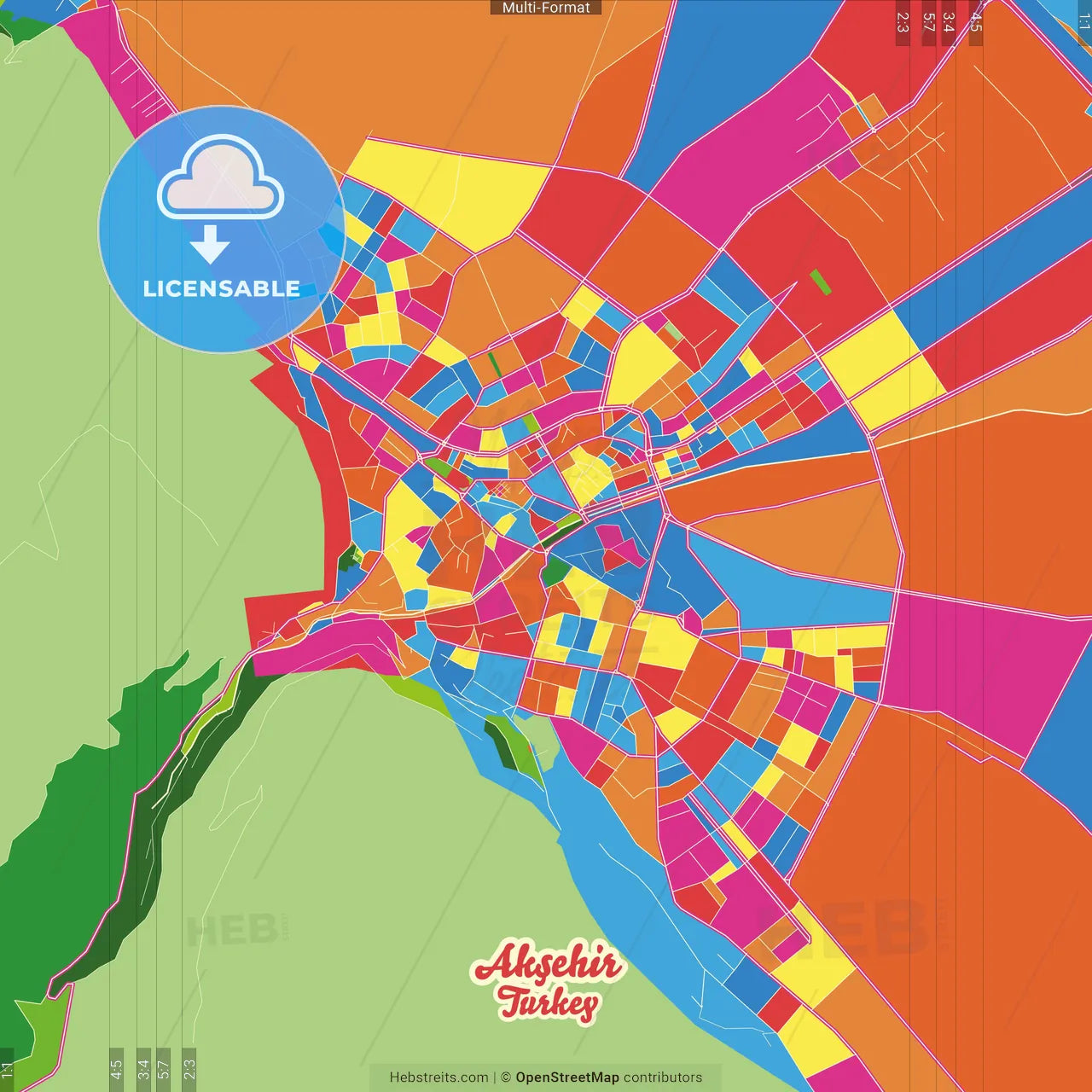 Akşehir, Konya, Turkey Crazy Colorful Street Map Poster Template