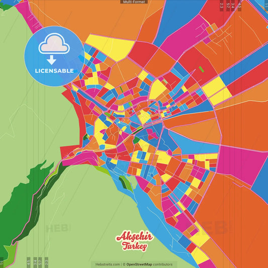 Akşehir, Konya, Turkey Crazy Colorful Street Map Poster Template