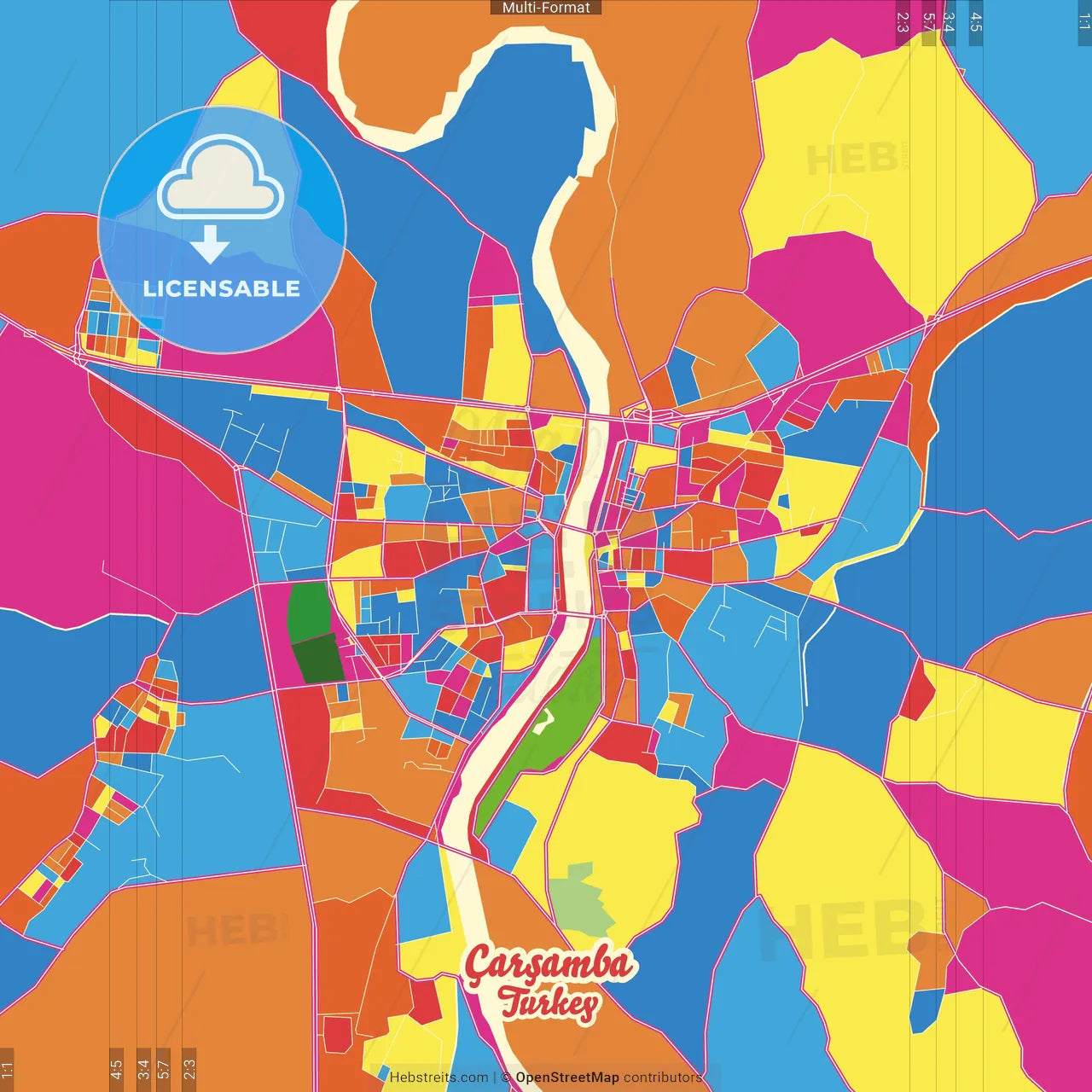 Çarşamba, Samsun, Turkey Crazy Colorful Street Map Poster Template