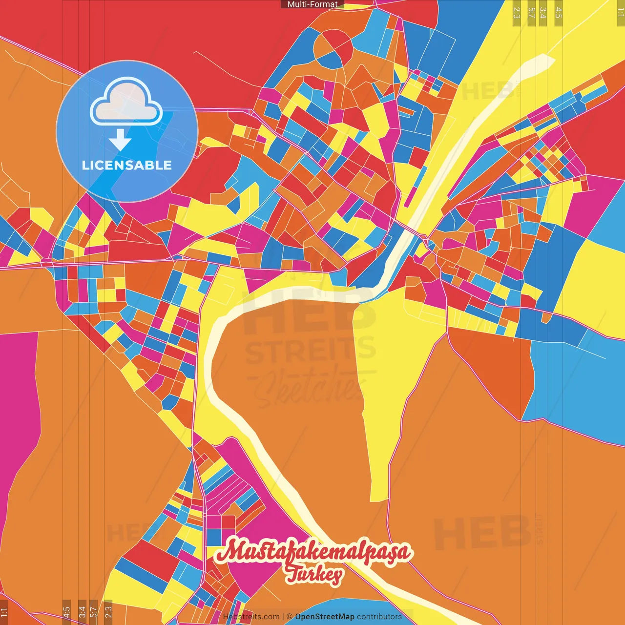 Mustafakemalpaşa, Bursa, Turkey Crazy Colorful Street Map Poster Template