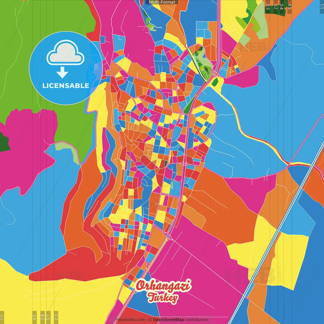 Orhangazi, Bursa, Turkey Crazy Colorful Street Map Poster Template