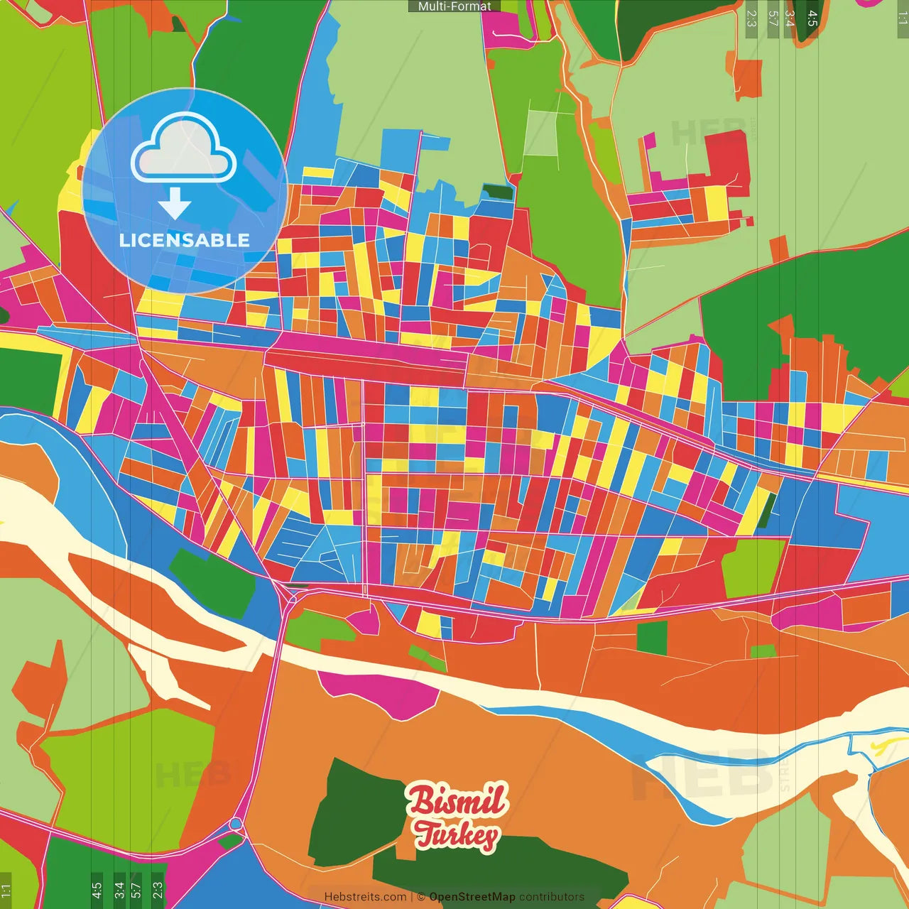 Bismil, Diyarbakır, Turkey Crazy Colorful Street Map Poster Template
