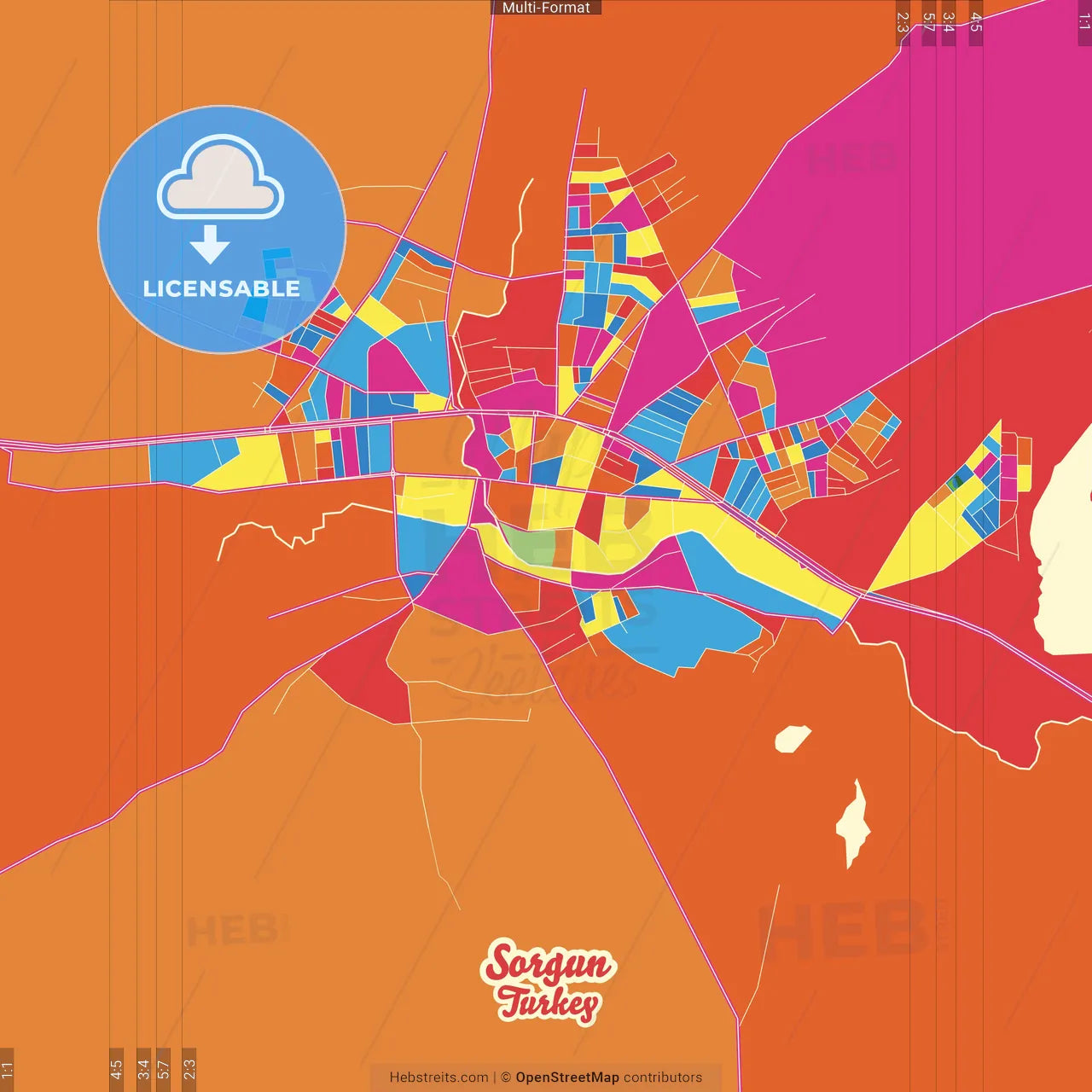 Sorgun, Yozgat, Turkey Crazy Colorful Street Map Poster Template