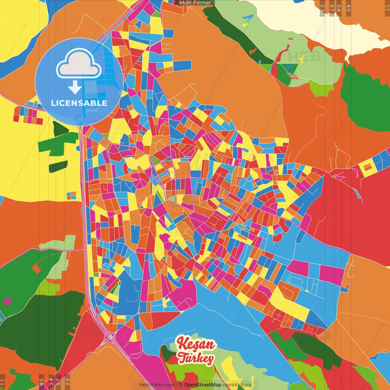 Keşan, Edirne, Turkey Crazy Colorful Street Map Poster Template