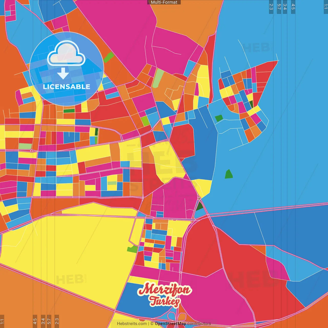 Merzifon, Amasya, Turkey Crazy Colorful Street Map Poster Template