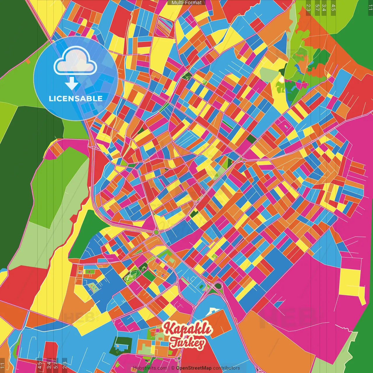 Kapaklı, Tekirdağ, Turkey Crazy Colorful Street Map Poster Template
