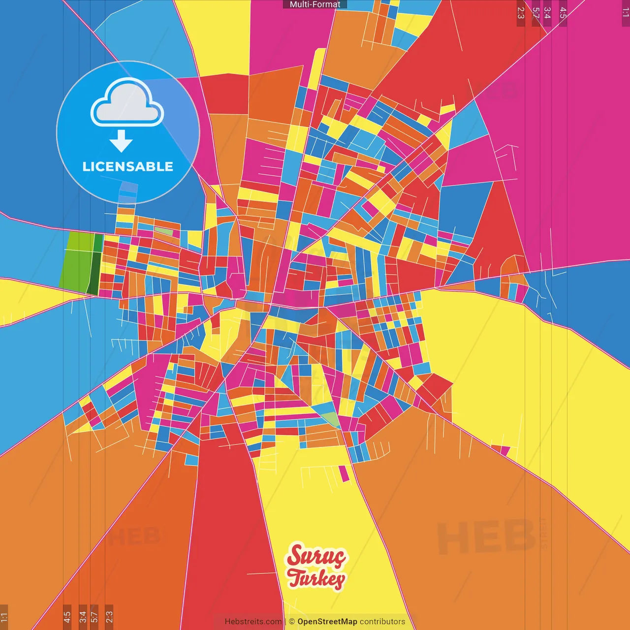 Suruç, Şanlıurfa, Turkey Crazy Colorful Street Map Poster Template