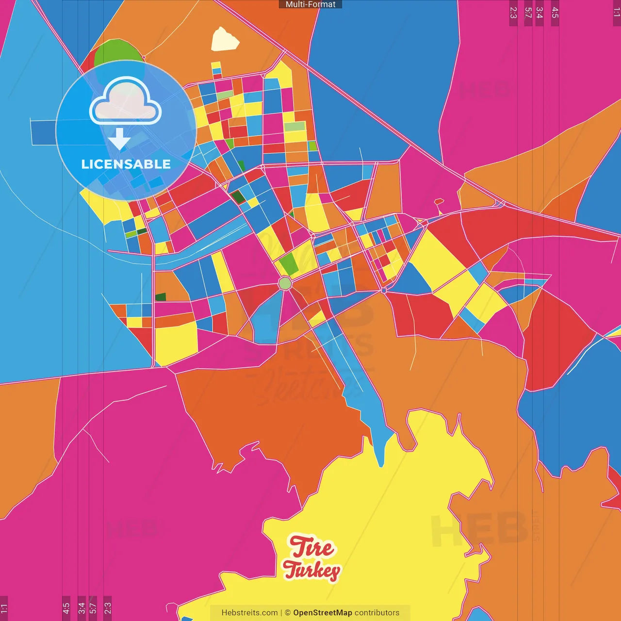Tire, İzmir, Turkey Crazy Colorful Street Map Poster Template