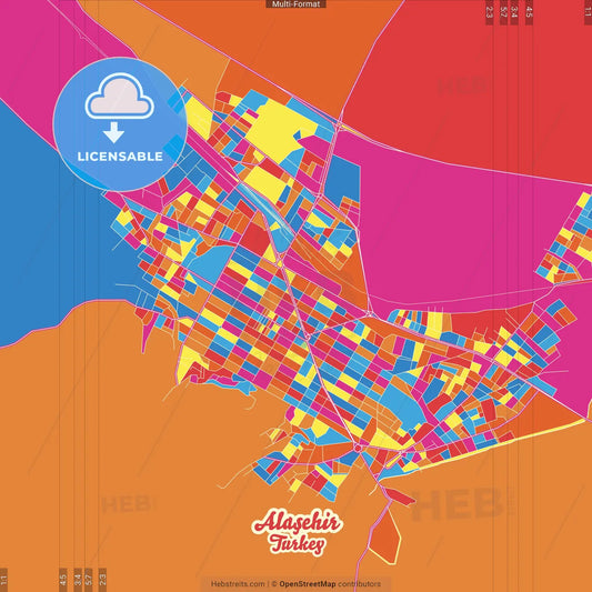 Alaşehir, Manisa, Turkey Crazy Colorful Street Map Poster Template