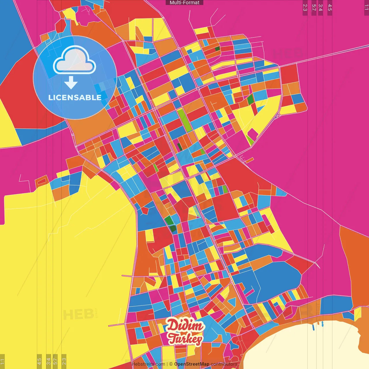 Didim, Aydın, Turkey Crazy Colorful Street Map Poster Template