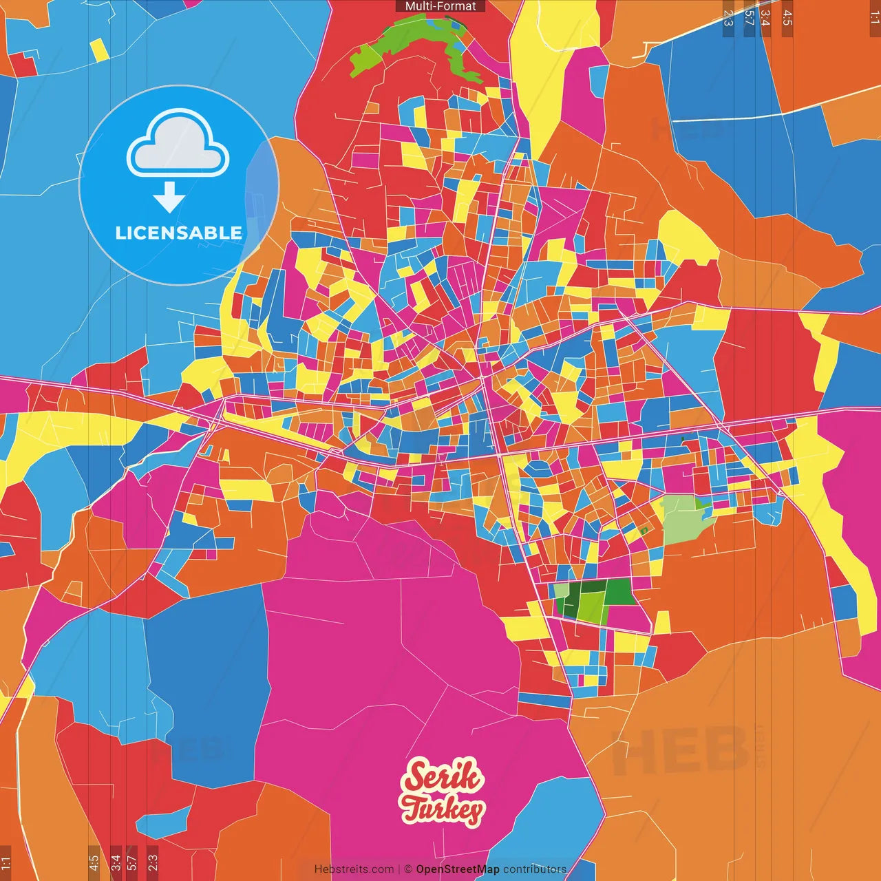 Serik, Antalya, Turkey Crazy Colorful Street Map Poster Template