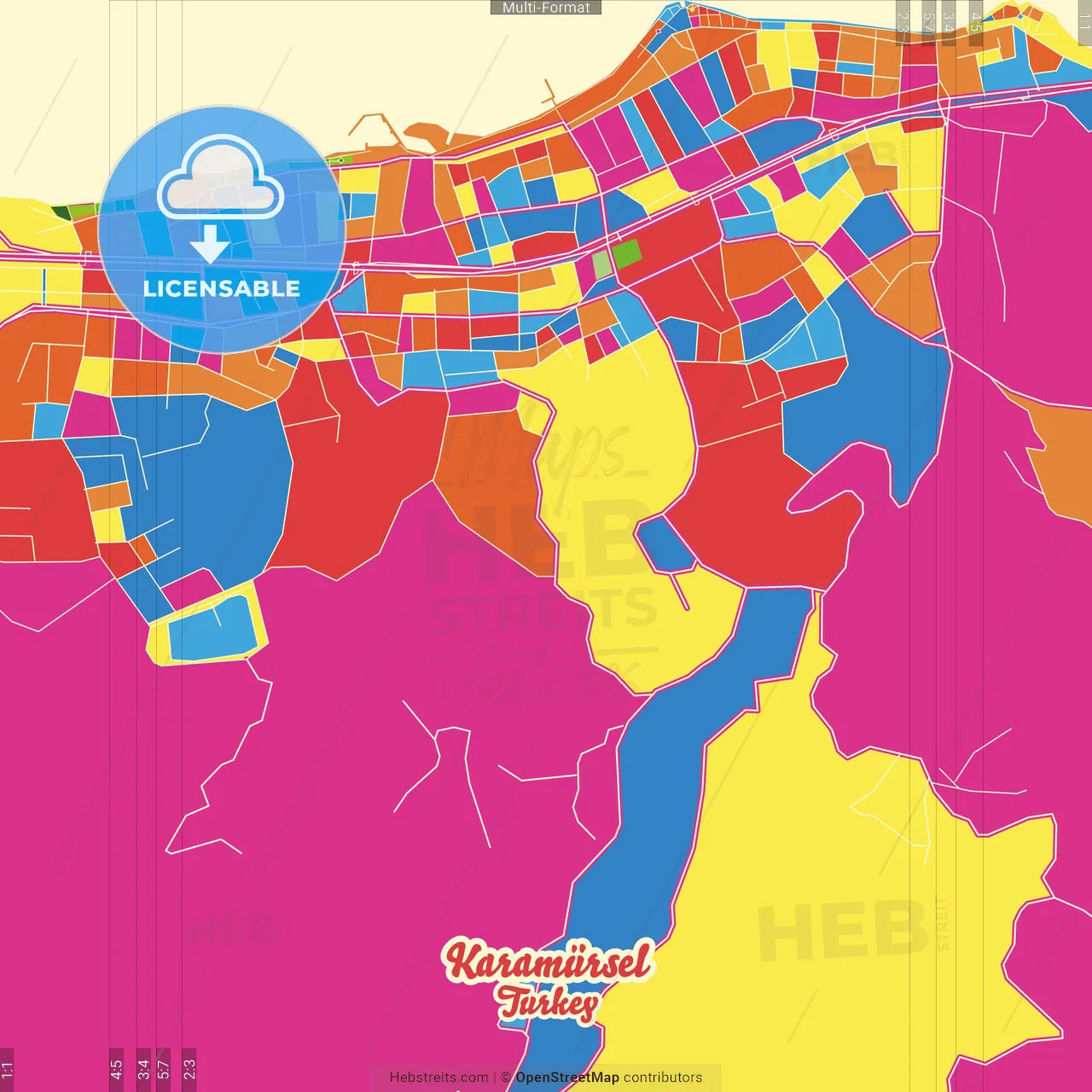 Karamürsel, Kocaeli, Turkey Crazy Colorful Street Map Poster Template