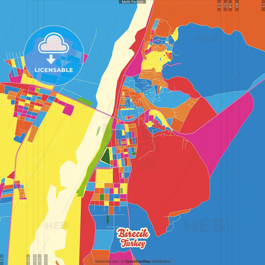 Birecik, Şanlıurfa, Turkey Crazy Colorful Street Map Poster Template