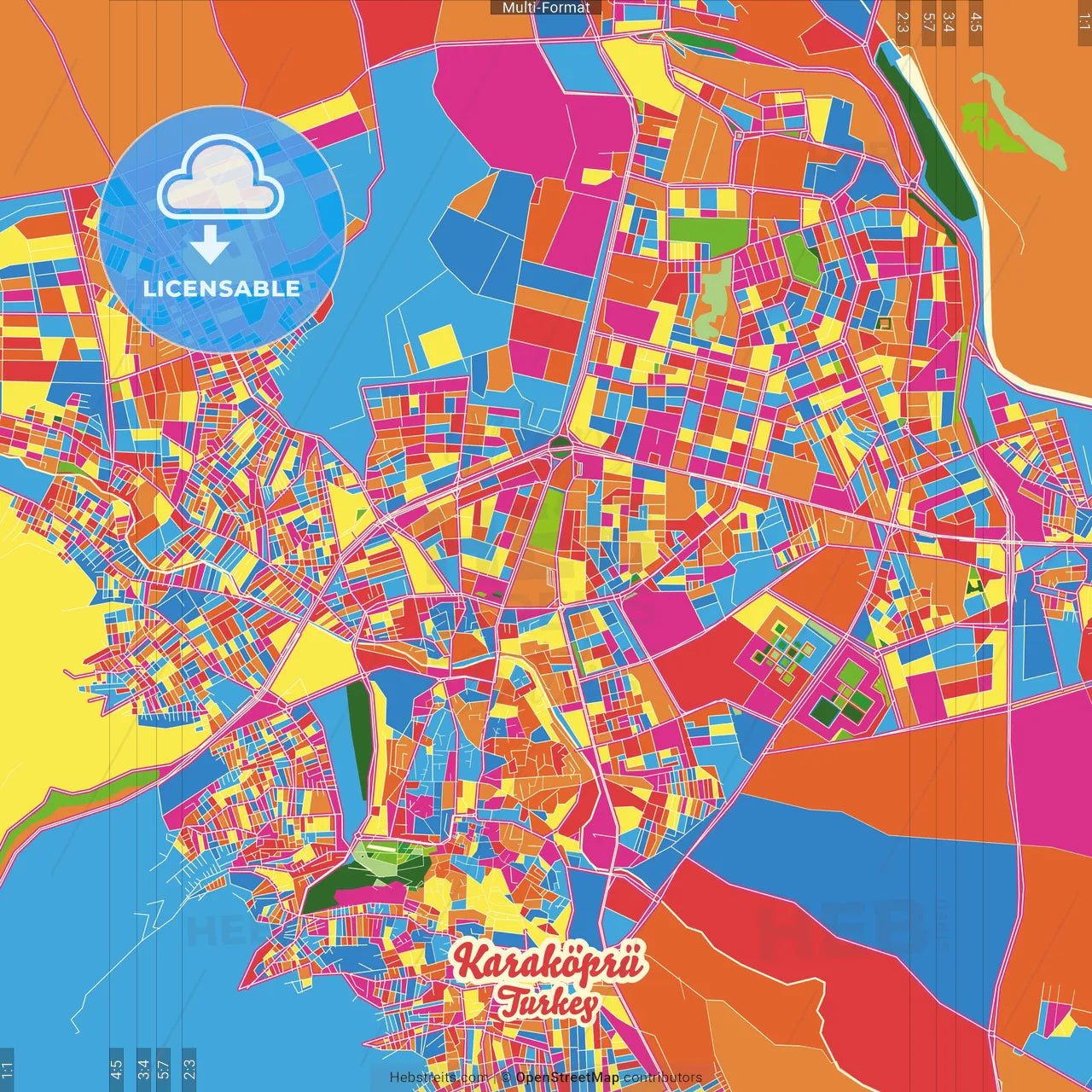 Karaköprü, Şanlıurfa, Turkey Crazy Colorful Street Map Poster Template