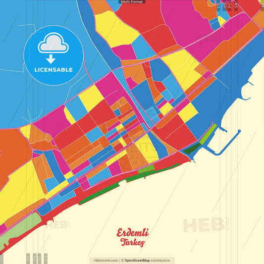 Erdemli, Mersin, Turkey Crazy Colorful Street Map Poster Template