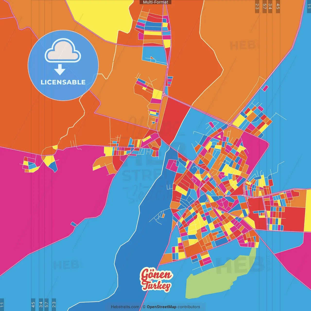 Gönen, Balıkesir, Turkey Crazy Colorful Street Map Poster Template