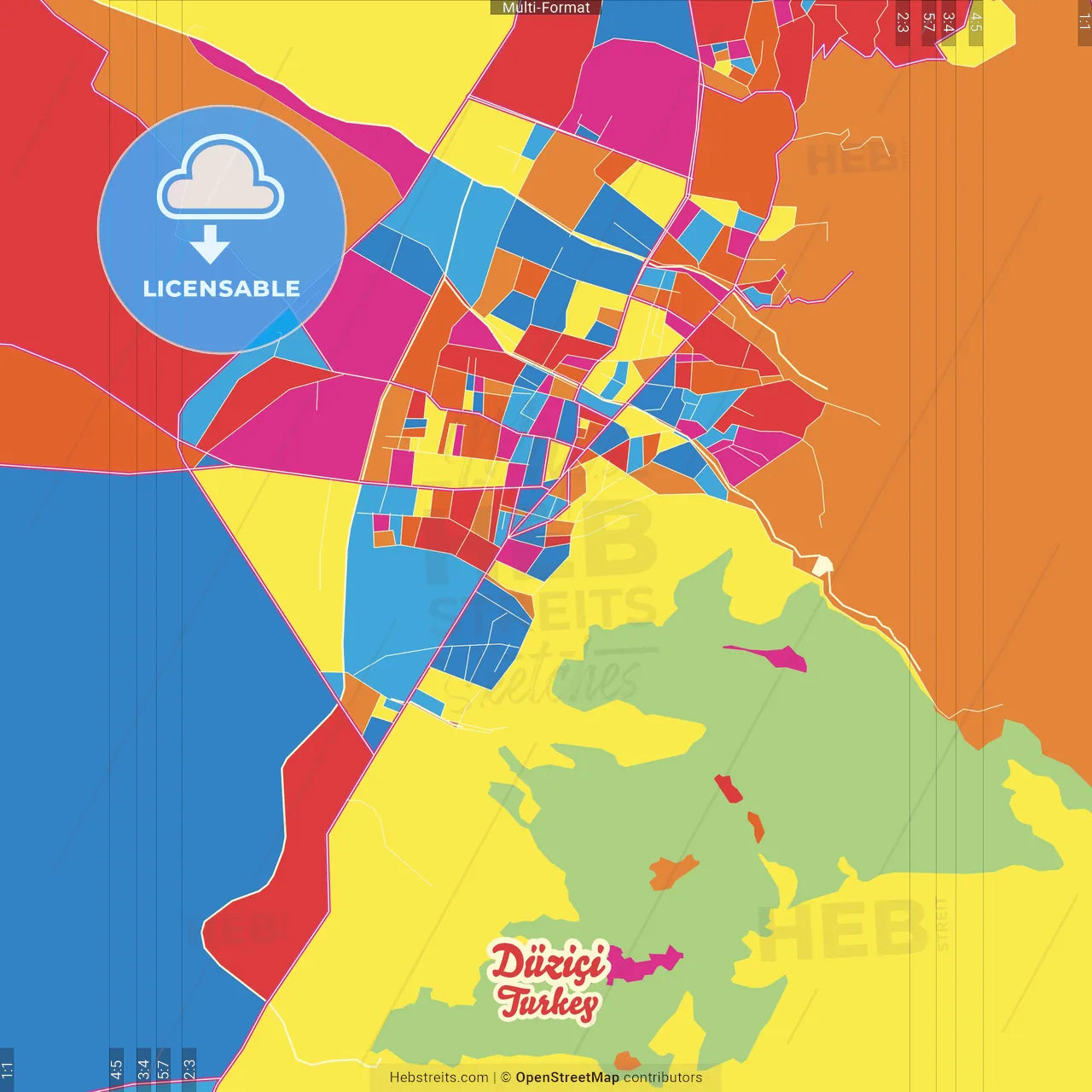 Düziçi, Osmaniye, Turkey Crazy Colorful Street Map Poster Template