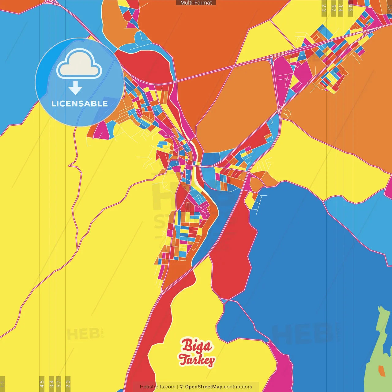 Biga, Çanakkale, Turkey Crazy Colorful Street Map Poster Template