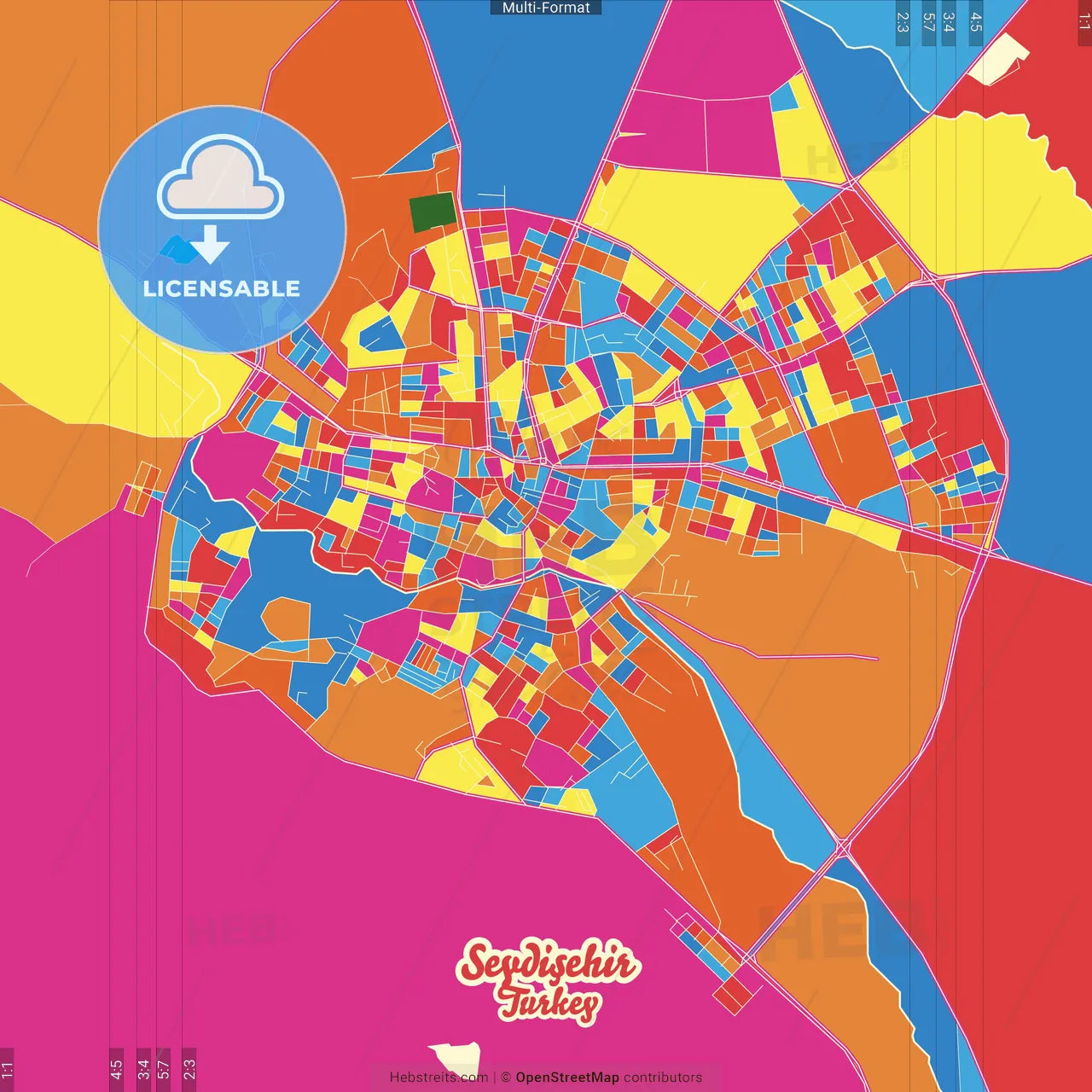Seydişehir, Konya, Turkey Crazy Colorful Street Map Poster Template